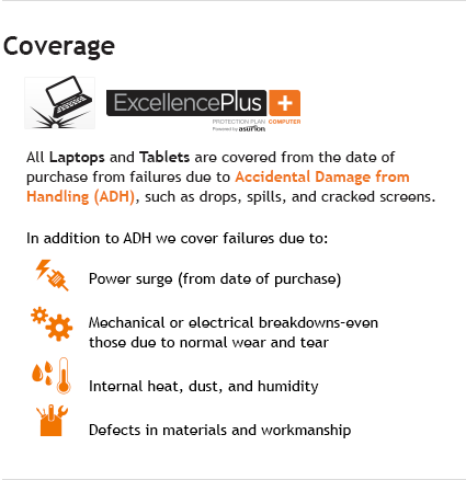 Coverage All Laptops are covered from the date of purchase from failures due to Accidental Damage from Handling (ADH), such as drops, spills, and cracked screens. In addition to ADH we cover failures due to:Power surge (from date of purchase). Mechanical or electrical breakdowns–even those due to normal wear and tear Internal heat, dust, and humidity. Defects in materials and workmanship.